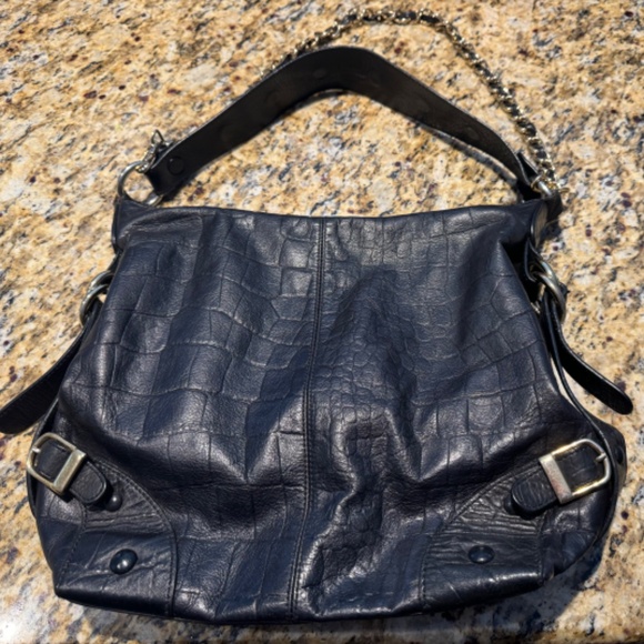 Adrienne Vittadini Large Black Textured Leather Hobo Satchel Shoulder Bag Slouch - Picture 2 of 8